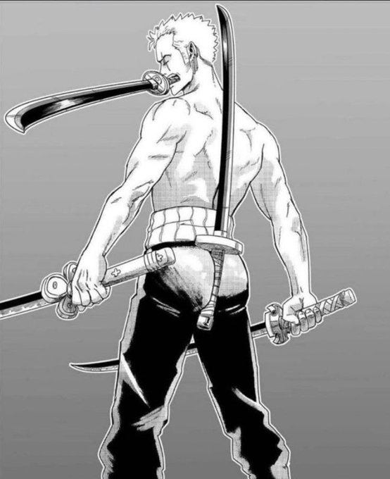 A black-and-white manga illustration of a shirtless, spiky-haired swordsman viewed from behind, with a sword in his mouth and two additional katanas at his waist.