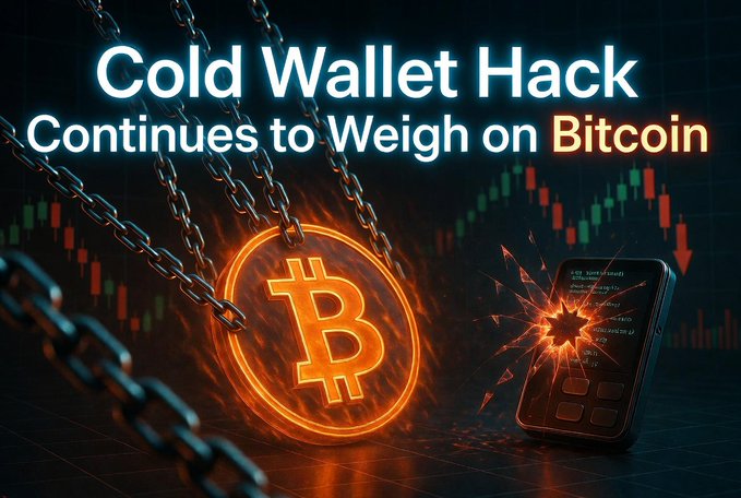 A news-style graphic titled 'Cold Wallet Hack Continues to Weigh on Bitcoin' showing a fiery Bitcoin symbol wrapped in chains next to a cracked smartphone displaying a downward chart.