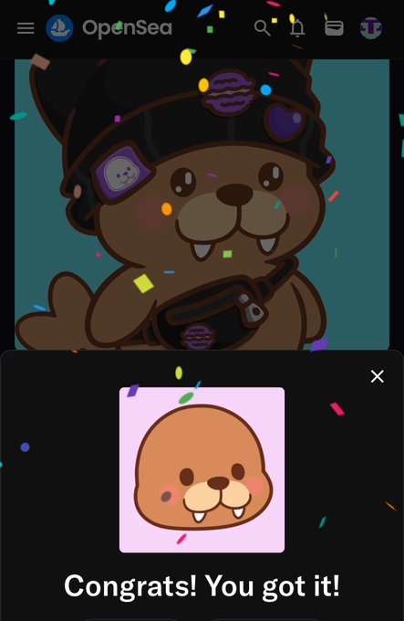 An OpenSea interface displays a digital NFT of a cartoon beaver wearing goggles, with a 'Congrats! You got it!' message over a smaller image of the beaver's face.