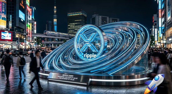 A large, glowing blue Ripple (XRP) cryptocurrency sculpture displayed in a busy Tokyo street at night, with a placard reading 'RIPPLE (XRP) UNLOCKS THE FLOW OF VALUE THE INTERNET OF VALUE,' and Tokyo Tower visible in the background.