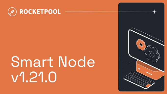 Orange promotional banner for Rocket Pool announcing 'Smart Node v1.21.0' with an illustration of a computer setup.