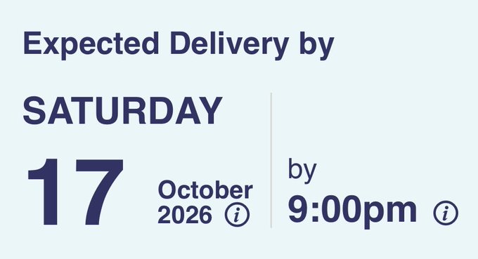 A delivery notification showing 'Expected Delivery by SATURDAY 17 October 2026 by 9:00pm'.