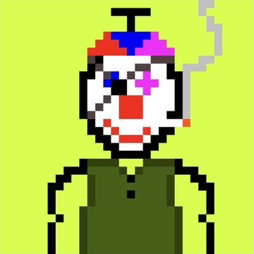 A pixel art illustration of a clown-like figure with a white face, red nose, and colorful hat, smoking a cigarette against a bright lime-green background.