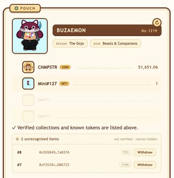A digital game pouch interface showing a character named BUZAEMON (No. 1219) with tokens including CHMPSTR valued at $1,651.06 and Mini#127.