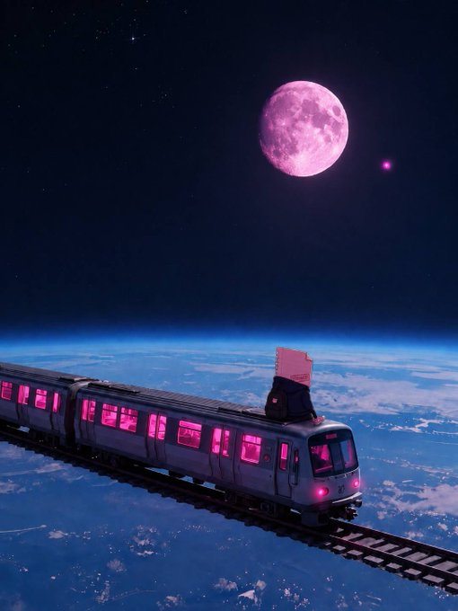 A surreal digital artwork depicting a train with pink-lit windows traveling along tracks through space, with a large pink moon overhead and Earth visible below.