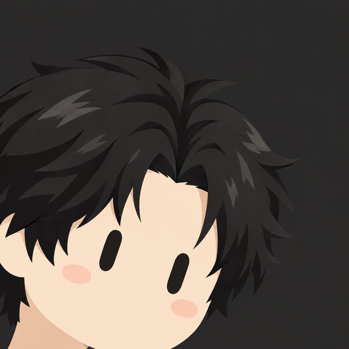 A chibi-style anime illustration of a young boy with messy black hair, large black eyes, and pink blushing cheeks against a dark gray background.