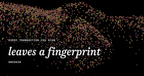 Digital art with pixelated fingerprint pattern reading 'EVERY TRANSACTION YOU SIGN leaves a fingerprint ONCHAIN'.