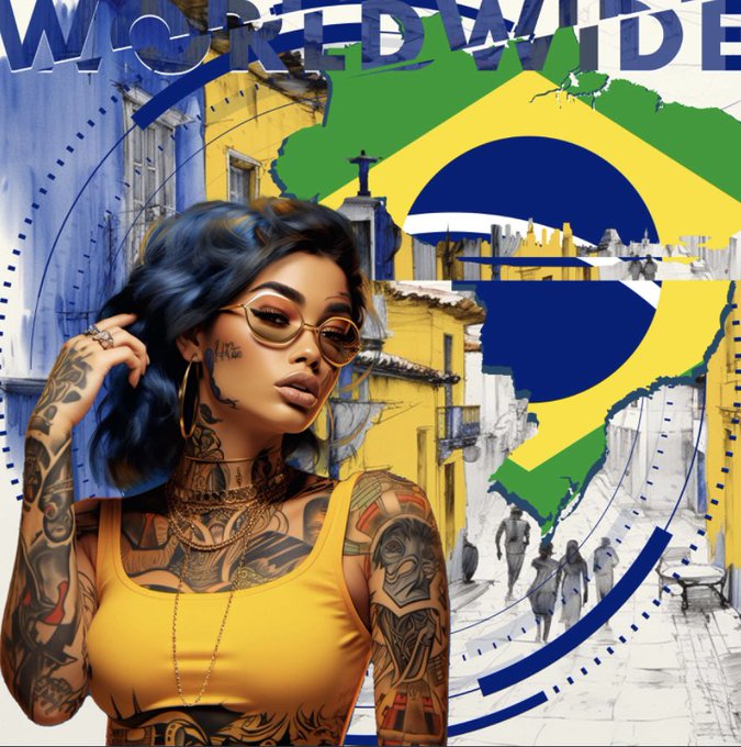 A stylized digital collage features a heavily tattooed woman in a yellow tank top and round sunglasses, set against a backdrop of yellow colonial buildings, a Brazilian map/flag, and the bold blue text 'WORLDWIDE' across the top.