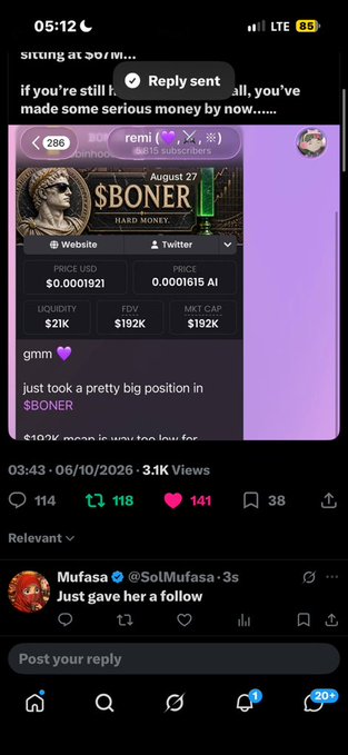 A Twitter/X screenshot showing a post about the cryptocurrency $BONER with details including price, FDV, and market cap, dated 06/10/2026.