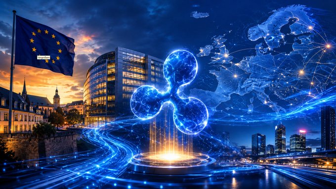 A digital illustration featuring the EU flag, European Parliament building, a glowing Ripple (XRP) logo, and a network map of Europe over a cityscape at dusk.