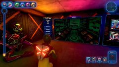 A screenshot from the SWARM game by The Confluence shows a battle between an ape-like character and alien figures in a futuristic room with green UI elements, reflecting the user's first gameplay experience with their MekaApe NFT battling AlienFungiNFT opponents.