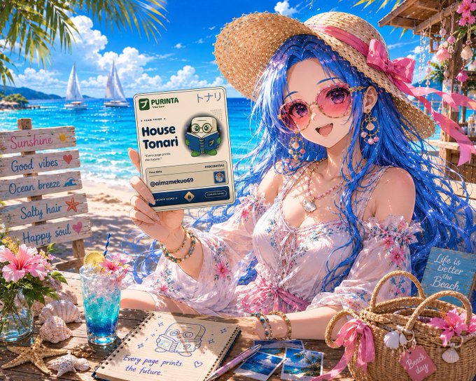 The image features a woman with blue hair wearing sunglasses and a straw hat sitting at a table holding a book titled "House Toniari" by @purintaxyz. The background of the image shows a beach scene, including boats on the water and palm trees in the distance.