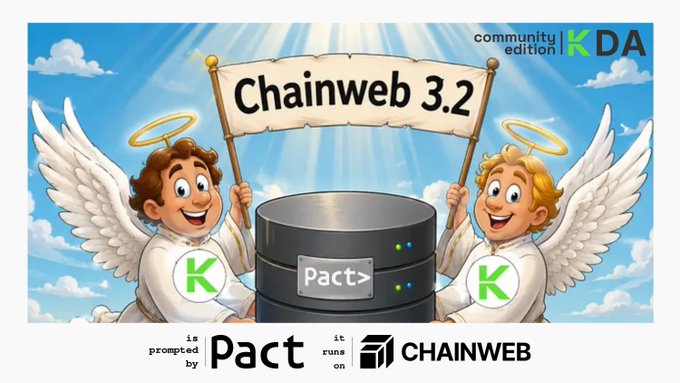Promotional graphic for 'Chainweb 3.2' by community edition KDA, showing two cartoon angels holding a banner above a server stack labeled 'Pact>', noting the smart contract is prompted by Pact and runs on Chainweb.