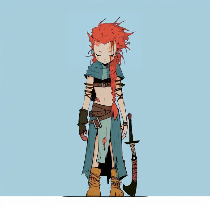 A stylized 2D character illustration of a red-haired, closed-eyed warrior with a long braid, wearing tattered blue and brown clothing, holding a sword against a plain light blue background.
