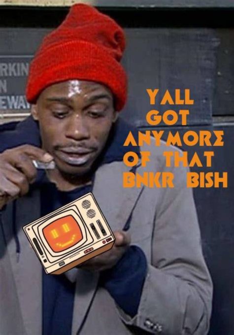 A meme featuring a man in a red beanie holding a small object, overlaid with orange text reading 'YALL GOT ANYMORE OF THAT BNKR BISH' and a cartoon Bored Ape-style computer device.