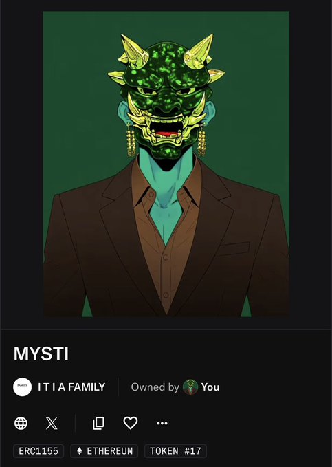 The image shows an NFT from the "ITIA FAMILY" collection on OpenSea, featuring a striking character with a green ornate mask and gold spikes wearing a brown suit, labeled "MYSTI" (Token #17) on the Ethereum blockchain (ERC1155). This visual represents the official on-chain launch of the ITIA Family collection, where each character like "MYSTI" serves as a unique story-driven identity within the community.