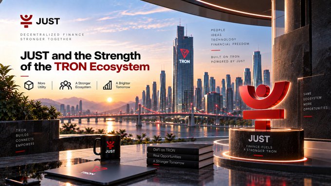 A promotional banner for JUST (Decentralized Finance) titled 'JUST and the Strength of the TRON Ecosystem', showcasing a stylized trophy, cityscape, and merchandise including a mug and laptop with slogans like 'DeFi on TRON' and 'A Stronger Tomorrow'.