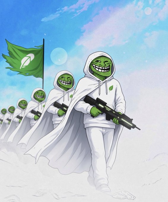 A digital illustration of multiple figures in white hoodies and cloaks with grinning green troll faces, holding futuristic rifles, with a green flag bearing a white logo in the background.