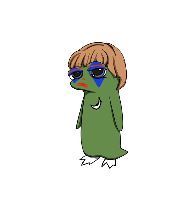 A cartoon illustration of a small green figure with brown hair, blue star markings on its face, and white feet.