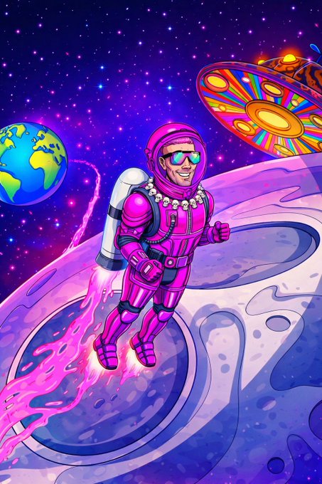 A vibrant digital illustration depicts a smiling astronaut in a pink spacesuit with jetpack propulsion flying past a colorful UFO, Earth, and a ringed planet against a starry space backdrop.