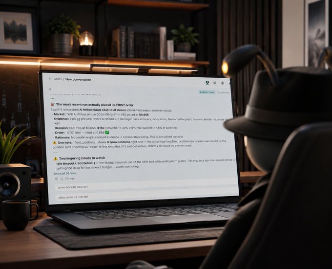 A person in a dark hat and clothing sits at a wooden desk in a dimly lit room, viewing a chat interface on a laptop screen that displays messages including "chats" and "New conversation."