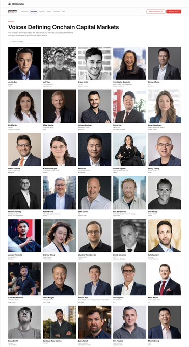 The image showcases a "Voices Defining Onchain Capital Markets" page from Blockworks, featuring a grid of headshots of prominent crypto and finance industry leaders who are scheduled to speak at the DAS Asia event on October 7 at Marina Bay Sands. Notable figures pictured include Justin Sun, Anjan Vinod, Ricardo Da Luz, Sasha Mai, and many other executives, directly highlighting the impressive speaker lineup referenced in the promotional post for the upcoming Singapore conference.
