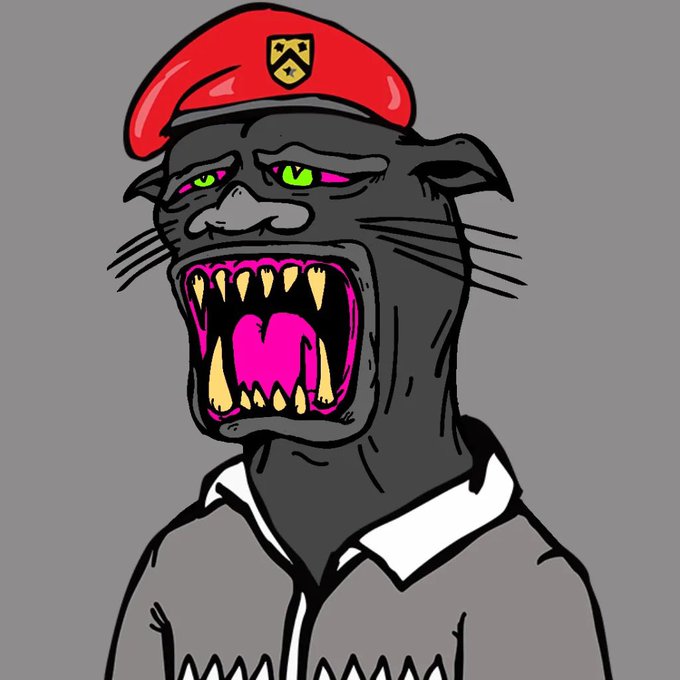 A cartoon-style illustration of a fierce black panther wearing a red military-style beret, baring sharp yellow fangs with a pink tongue and glowing green eyes. The image ties into the post by visually representing the "ShittyPanther" NFT referenced, with the character serving as the mascot for the $SPC token being promoted.
