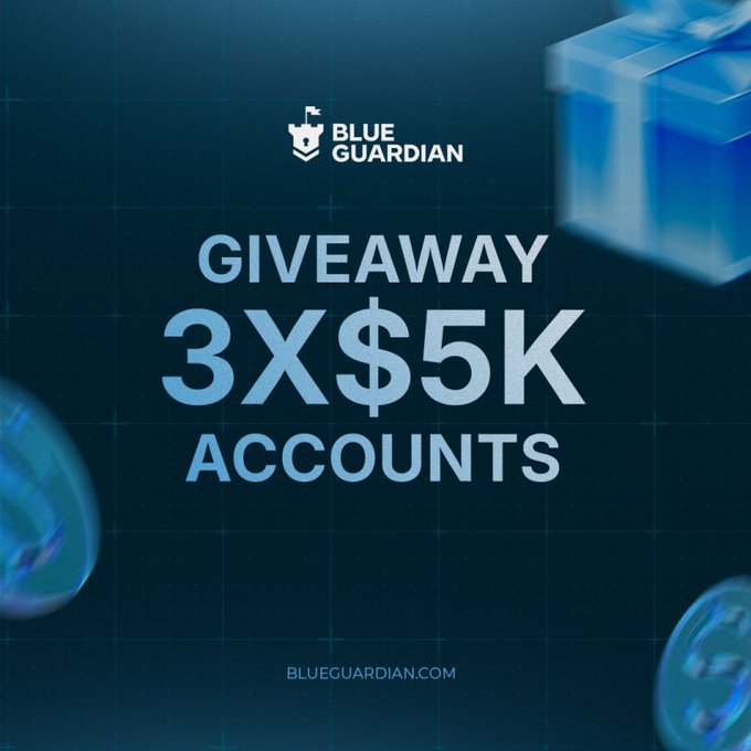 A Blue Guardian promotional graphic for a giveaway offering 3 winners a $5K trading account each, featuring the brand's owl logo and website "BLUEGUARDIAN.COM" against a dark blue background with gift box graphics.