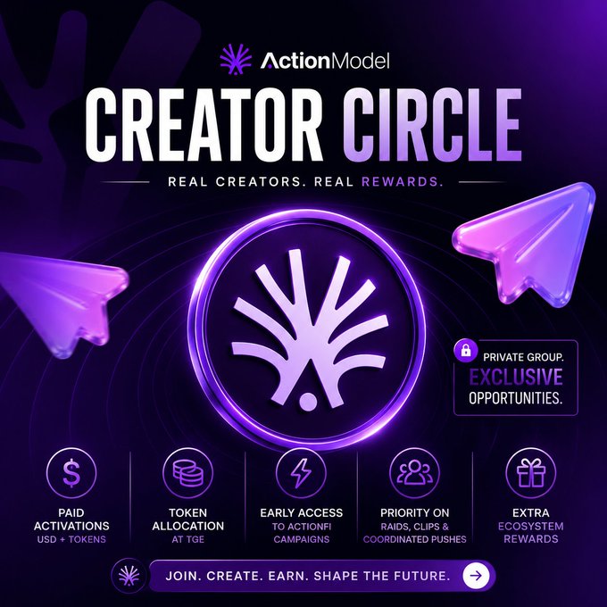 The image features an advertisement for a creator circle platform called Action Modeler. The creator circle is designed to reward creators with real creators' tokens (RCs) that can be used to create campaigns, earn credits, or even shape the future of the ecosystem. The creator circle is open to anyone who wants to join and contribute their creations. 

The post highlights a specific feature of the creator circle: it offers free token allocation for creators who understand attention and want to collaborate with others in the ecosystem. This means that creators can use their tokens to create campaigns, earn credits, or even shape the future of the platform by participating in discussions and decision-making processes within the creator circle community.