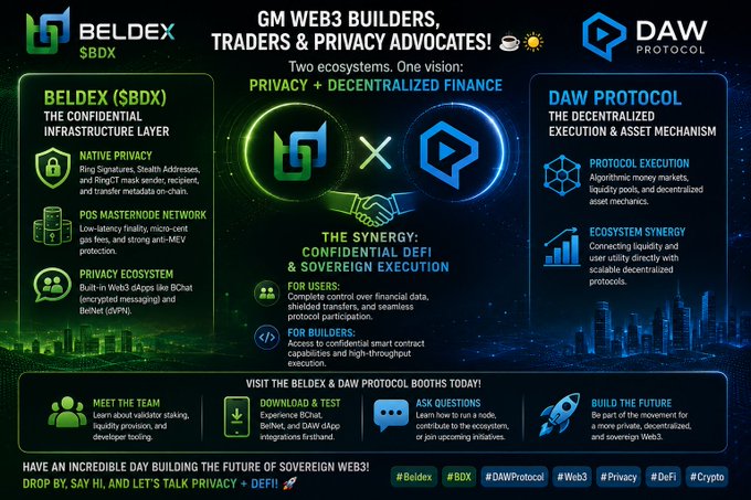 A promotional graphic for 'BELDEX $BDX' and 'DAW PROTOCOL' at a Web3 conference, highlighting their confidential DeFi synergy for privacy advocates, traders, and developers.