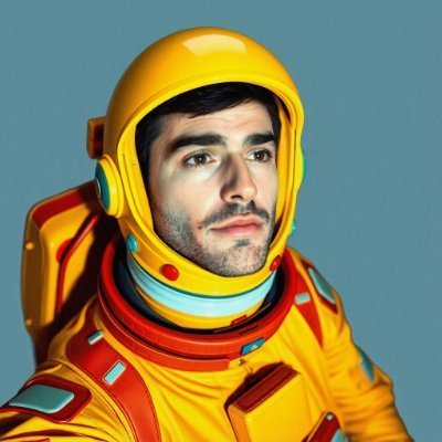 A man with a mustache wearing a bright yellow and orange astronaut-style spacesuit and helmet against a teal background.
