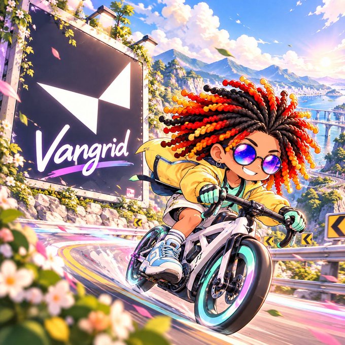 A colorful illustration shows a cyclist riding a mountain road past a large “Vangrid” sign.