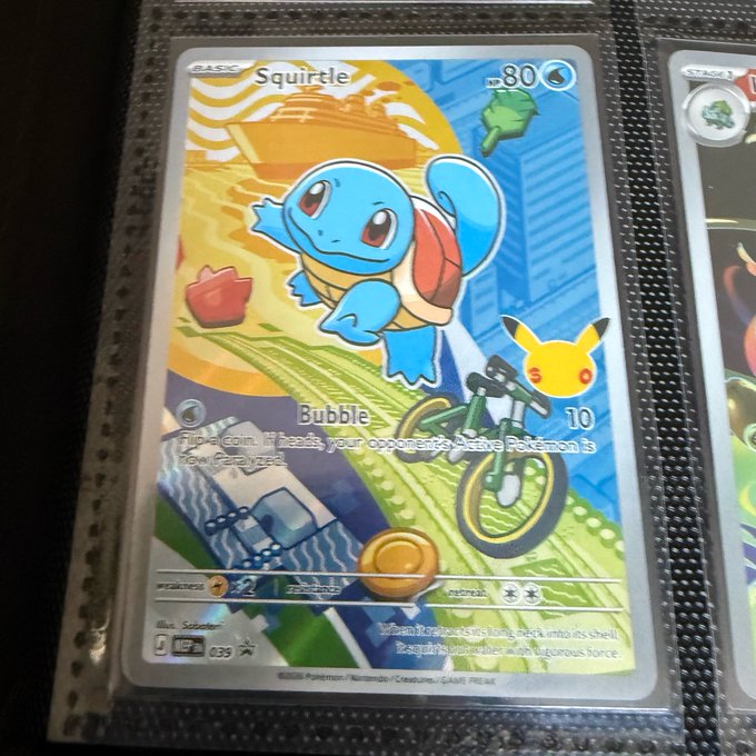 The image features two Pokemon cards with different themes - one card has a blue turtle and the other has a yellow fish. The background of both cards shows an illustration of a cityscape, which adds to their distinctiveness. The text on the cards includes "Squirtle" and "Pokemon", indicating that these are Pokemon cards. The post also mentions various events happening in the life of the owner, such as the arrival of a nanny and the busyness at Solflare.