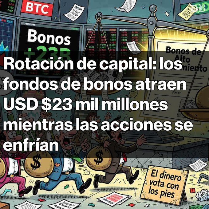 The image is a cartoon-style illustration showing a chaotic financial scene with a balance scale weighing stacks of money, surrounded by stock tickers (BTC visible), running businessmen carrying money bags, and a sign reading "El dinero vota con los pies" (Money votes with its feet). Overlaid text in Spanish reads "Rotación de capital: los fondos de bonos atraen USD $23 mil millones mientras las acciones se enfrían," visually reinforcing the post's message about capital rotating from stocks into bond funds.
