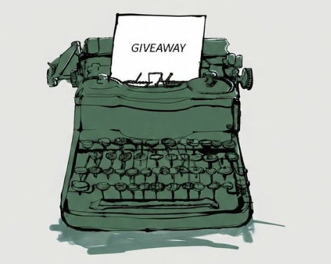 A green vintage typewriter displays a "GIVEAWAY" sign, complementing the post's announcement of a $Mechanica airdrop giveaway with 5 guaranteed spots for participants who follow, like, retweet, and submit their EVM wallet.