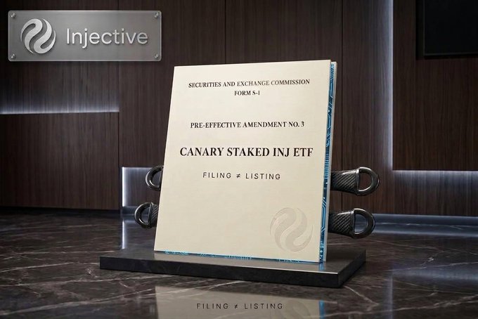 A formal SEC Form S-1 document titled "Pre-Effective Amendment No. 3" for the "Canary Staked INJ ETF" is displayed in a binder, with the Injective logo visible in the background, representing Canary Capital's updated filing for a spot INJ exchange-traded fund that would stake at least 90% of its holdings.