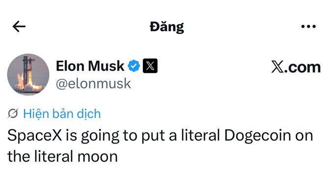 A screenshot of a tweet from Elon Musk (@elonmusk) stating "SpaceX is going to put a literal Dogecoin on the literal moon."