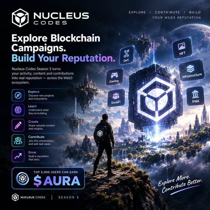A promotional poster for 'Nucleus Codes Season 3,' advertising exploration of blockchain campaigns to build Web3 reputation, featuring categories like DeFi, NFT, Gaming, SocialFi, Infrastructure, and RWA, with a $AURA reward pool.