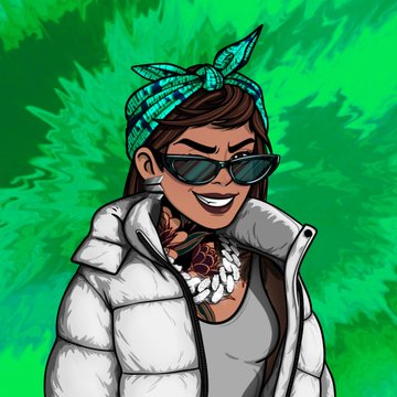A stylized cartoon illustration of a confident woman wearing sunglasses, a white puffer jacket, a bandana, and a shell necklace against a green splatter background.