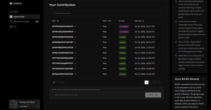 A screenshot of the Nucinus platform's 'Your Contribution' dashboard, showing a list of posts with statuses like 'IN-PROGRESS' and 'FINISHED', alongside Thresholds information and a $AURA Rewards section.