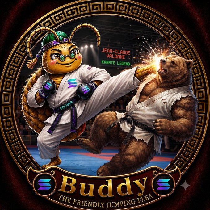 A circular badge-style illustration titled 'Buddy The Friendly Jumping Flea' showing an anthropomorphized flea in karate gear kicking a bear, with text 'JEAN-CLAUDE VALDANE KARATE LEGEND'.