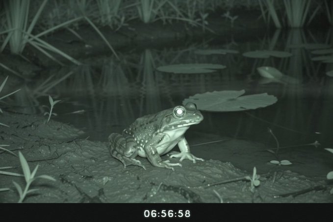 A night-vision camera captures a large frog with glowing eyes sitting on the muddy bank of a pond surrounded by lily pads, with a timestamp of 06:56:58.