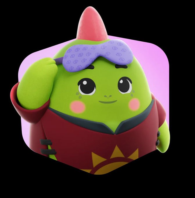 A 3D-rendered green cartoon character with a pink horn on its head, wearing a purple sleep mask and a red outfit, saluting against a black background.