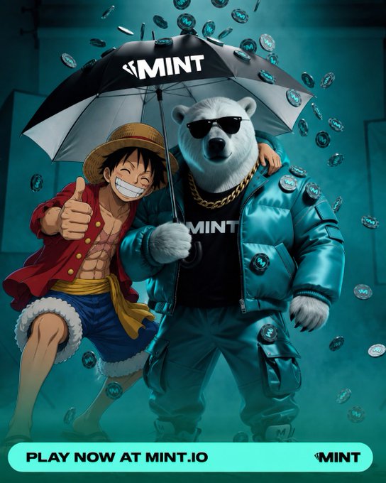 A promotional graphic combining anime and modern styles, showing a Luffy-like character with a thumbs-up next to a polar bear in sunglasses and a puffer jacket, under an umbrella branded 'MINT', with text 'PLAY NOW AT MINT.IO'.