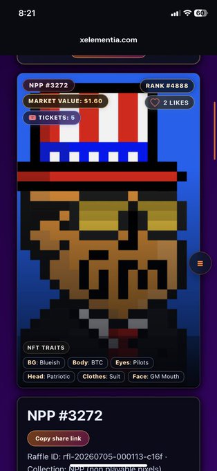 A mobile screenshot from xelementia.com showing an NFT (NPP #3272) with Rank #4888, Market Value $1.60, featuring a pixelated character with a patriotic top hat, traits listed as BG: Blueish, Body: BTC, Eyes: Pilots, Head: Patriotic, Clothes: Suit, Face: GM Mouth.