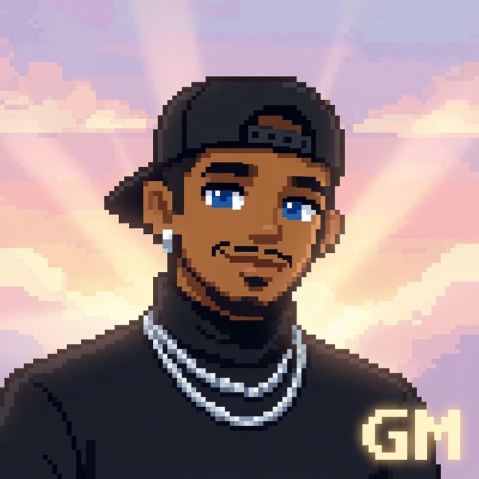 A pixel art style portrait of a young man wearing a black cap backwards, a black shirt, and silver chain necklaces, with a radiant sunset background and 'GM' displayed in the corner.