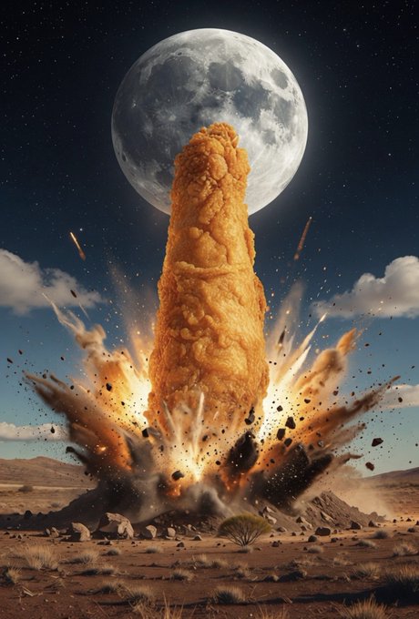 A fried chicken drumstick explodes like a rocket ascending towards the moon, perfectly illustrating the "gm" (good morning) sentiment with a fun, cosmic twist.