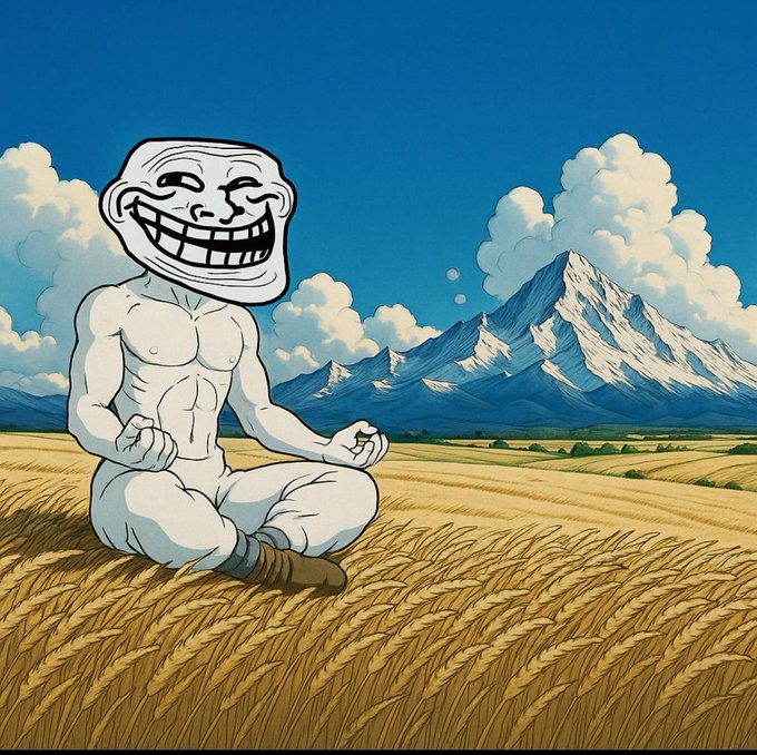 A muscular troll character with a wide, toothy grin meditates peacefully in a golden wheat field beneath snow-capped mountains and a bright blue sky, capturing the zen-like calm of HODLing $TROLL through market turbulence.
