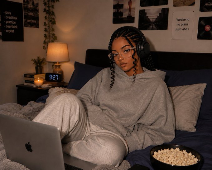 A young woman wearing glasses and headphones relaxes on a bed in cozy pajamas, using a MacBook with a bowl of popcorn nearby, while a "Weekend no plans just vibes" poster hangs on the wall and a digital clock reads 9:27. The image perfectly captures the lazy, no-plans weekend vibe the post references, showing the user enjoying downtime after missing out on the NFT alpha.