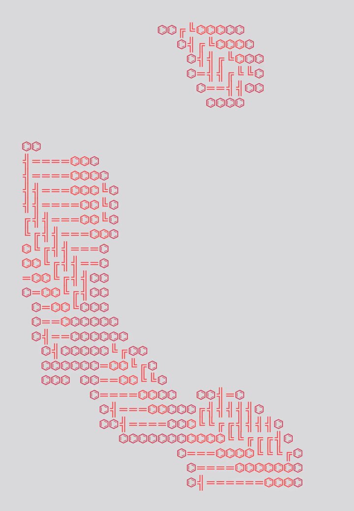 The image features a white poster with red lines and dots that spell out the word "california" using the letters "c", "a", "l", "i", "o", "n", and "g". The text is in black, making it stand out against the white background. The poster also includes a phone number written below the word "california".